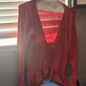 Max Studio Brick Red Open-Front Tie Cardigan